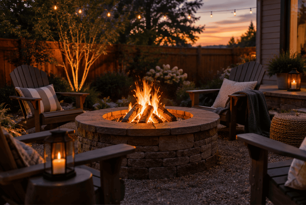 Cozy backyard wood-burning fire pit at dusk with seating around it