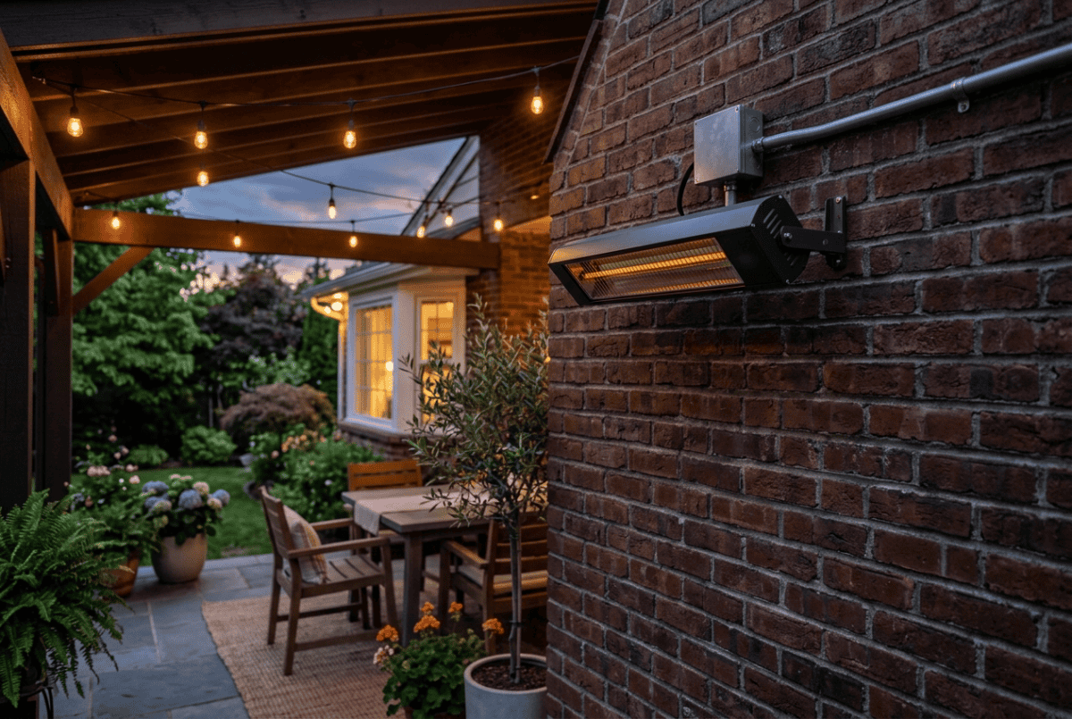 Wall-mounted electric patio heater with electrical conduit on an exterior wall