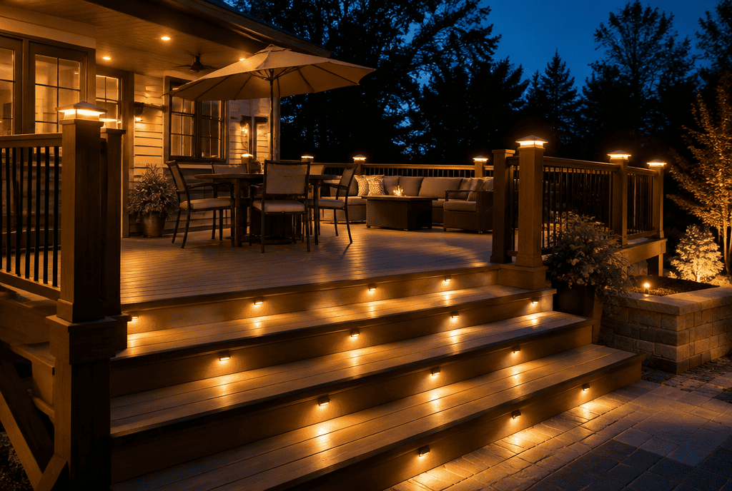 Multi-level wood deck at night with layered post cap, stair, and recessed lighting