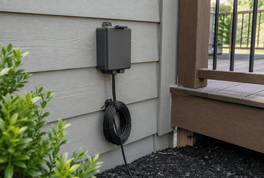 Low-voltage outdoor lighting transformer mounted near a deck