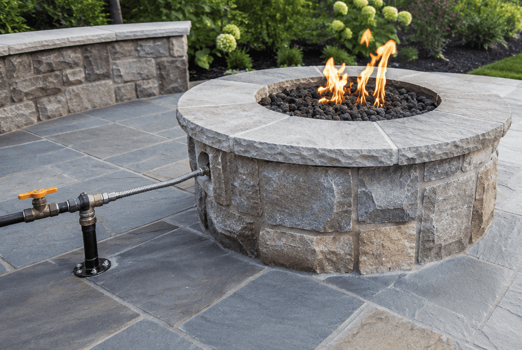 Natural gas fire pit connected to a gas line valve on a stone patio