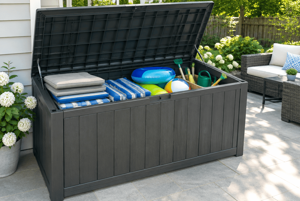 Open resin deck box showing neatly stored cushions and pool toys