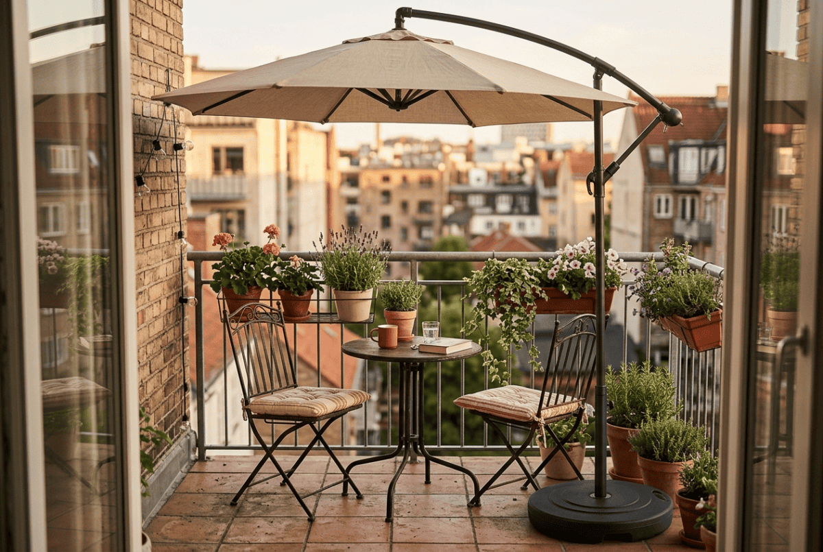 Freestanding cantilever patio umbrella with a weighted base shading a small apartment balcony bistro set