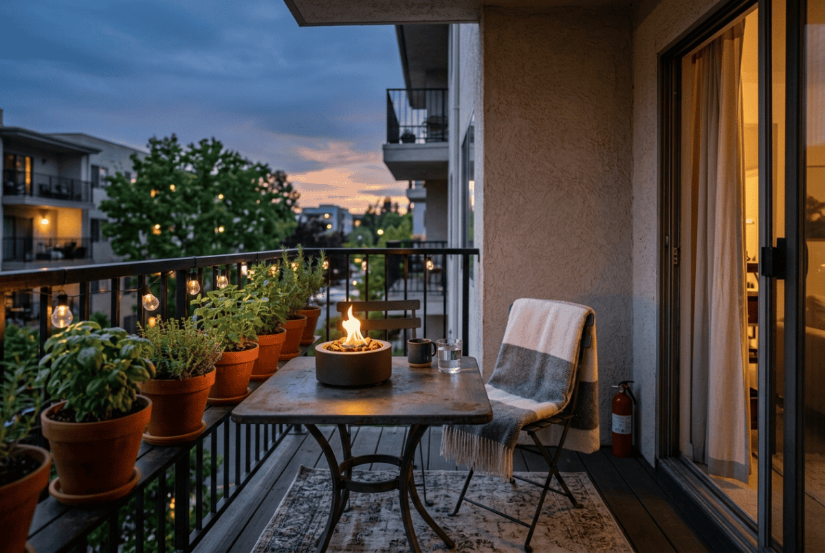 Small tabletop propane fire bowl with a contained flame on an apartment balcony, fire extinguisher kept nearby