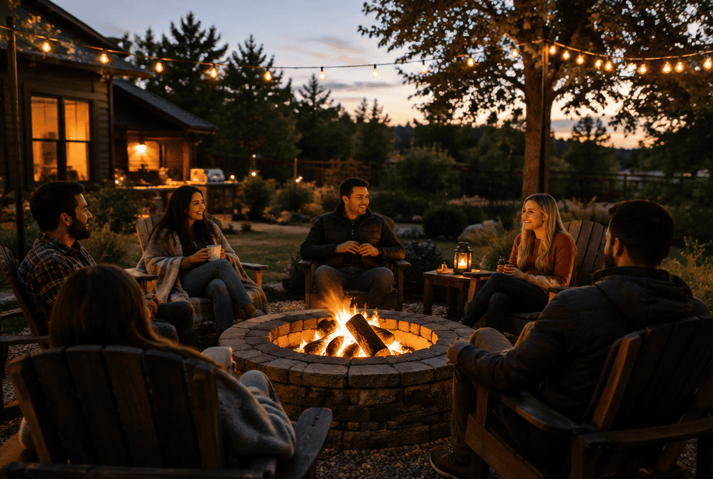Friends seated around a stone wood-burning fire pit on a backyard patio at dusk