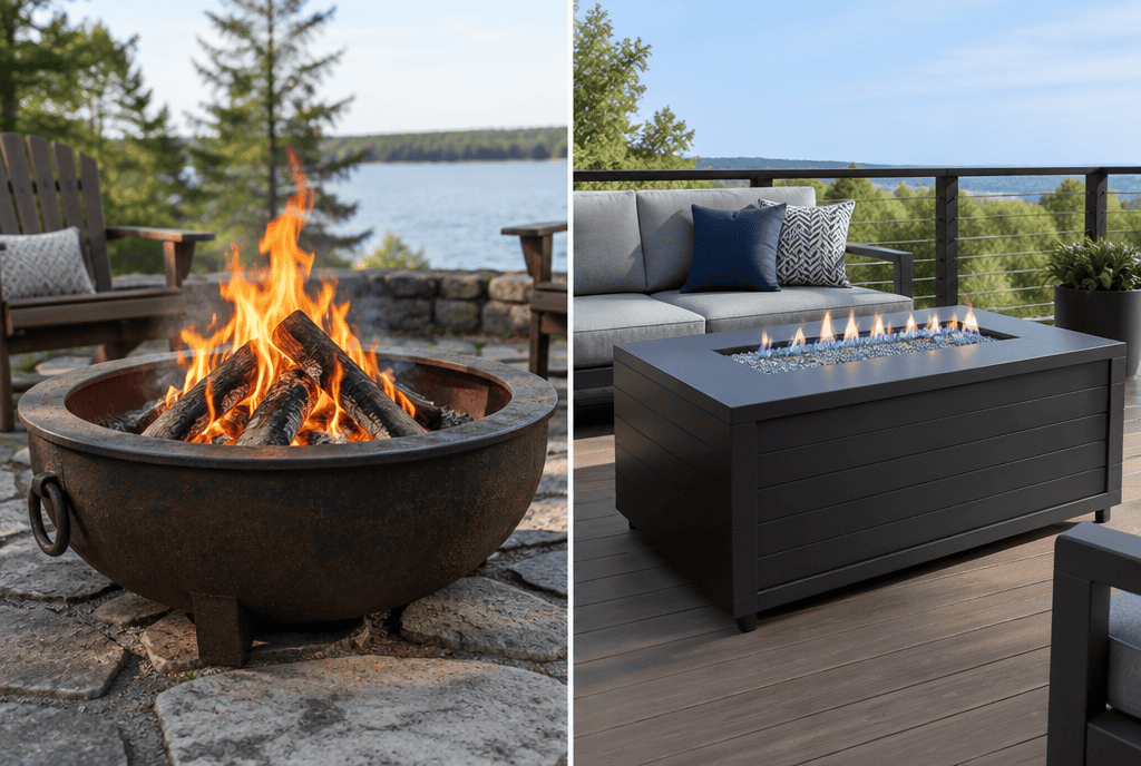 Wood-burning fire pit next to a propane fire pit table