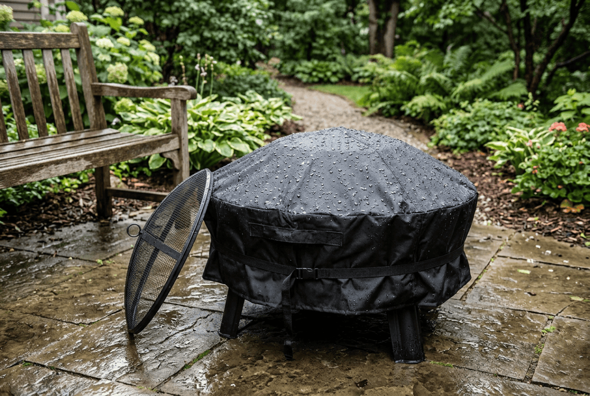 Steel fire pit under a fitted waterproof cover after rain with a spark screen leaning nearby