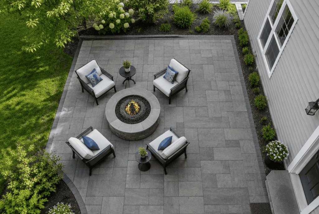 Overhead view of a fire pit centered on a patio with seating clearance