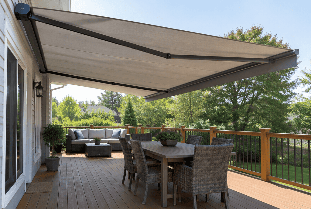 A motorized retractable awning extended over a deck