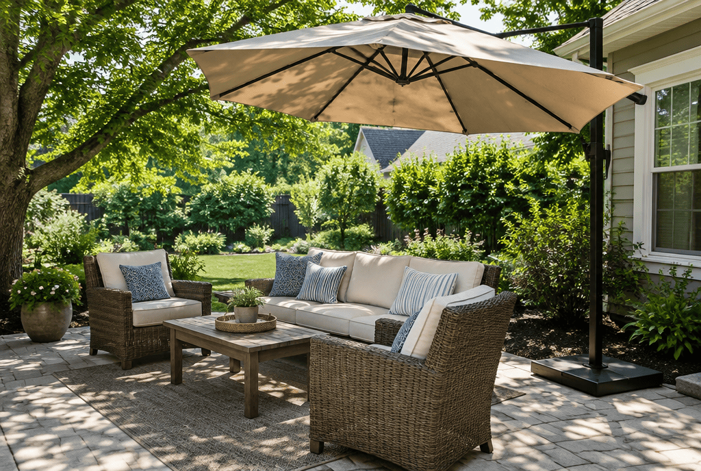 Cantilever patio umbrella shading a wicker sofa set on a backyard patio
