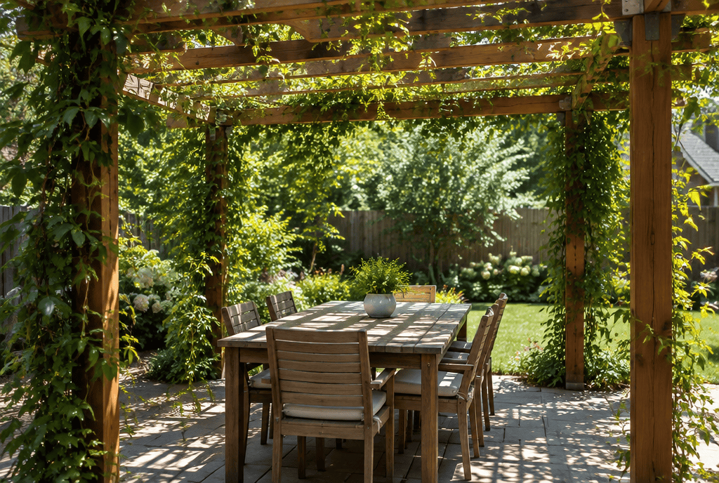 A wooden pergola with climbing vines over an outdoor dining table