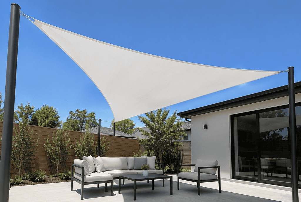 A white triangular shade sail stretched over a backyard patio