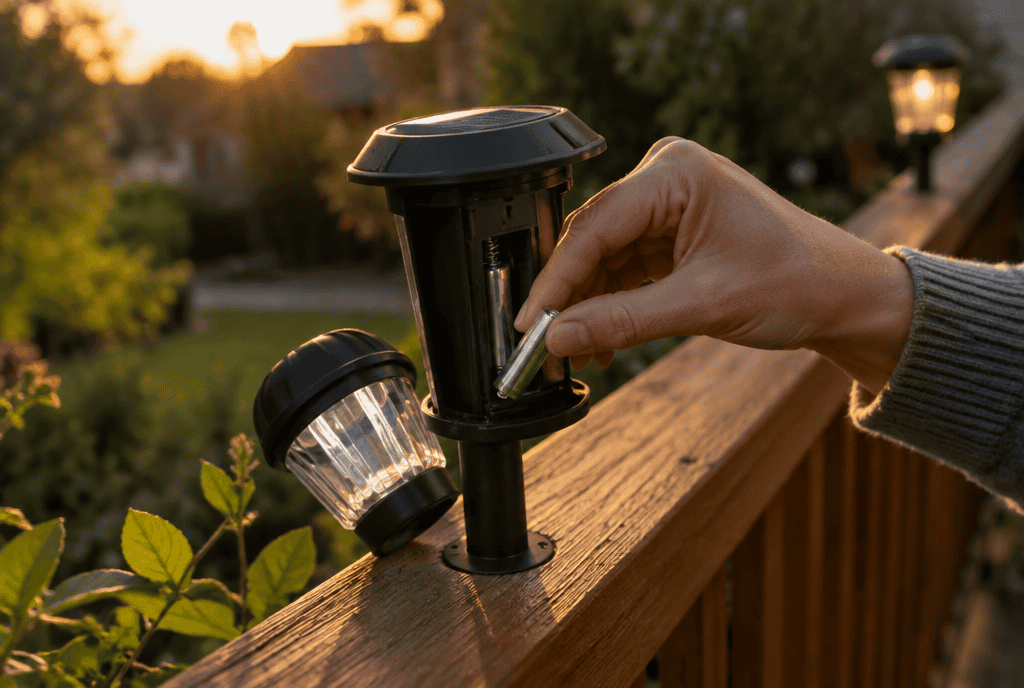 Hand removing the lantern head from a solar post light on a deck railing to check the battery