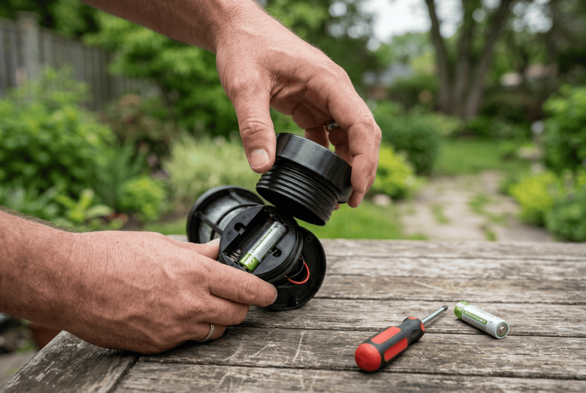 Opening a solar path light battery compartment to replace the rechargeable AA battery
