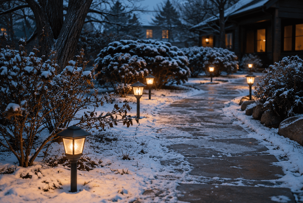 Solar path lights glowing along a snowy walkway