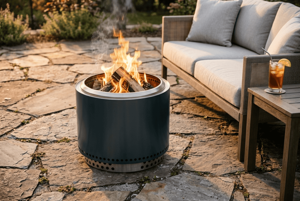 Solo Stove Bonfire 2.0 smokeless fire pit in Gunmetal burning on a flagstone patio beside an outdoor sofa