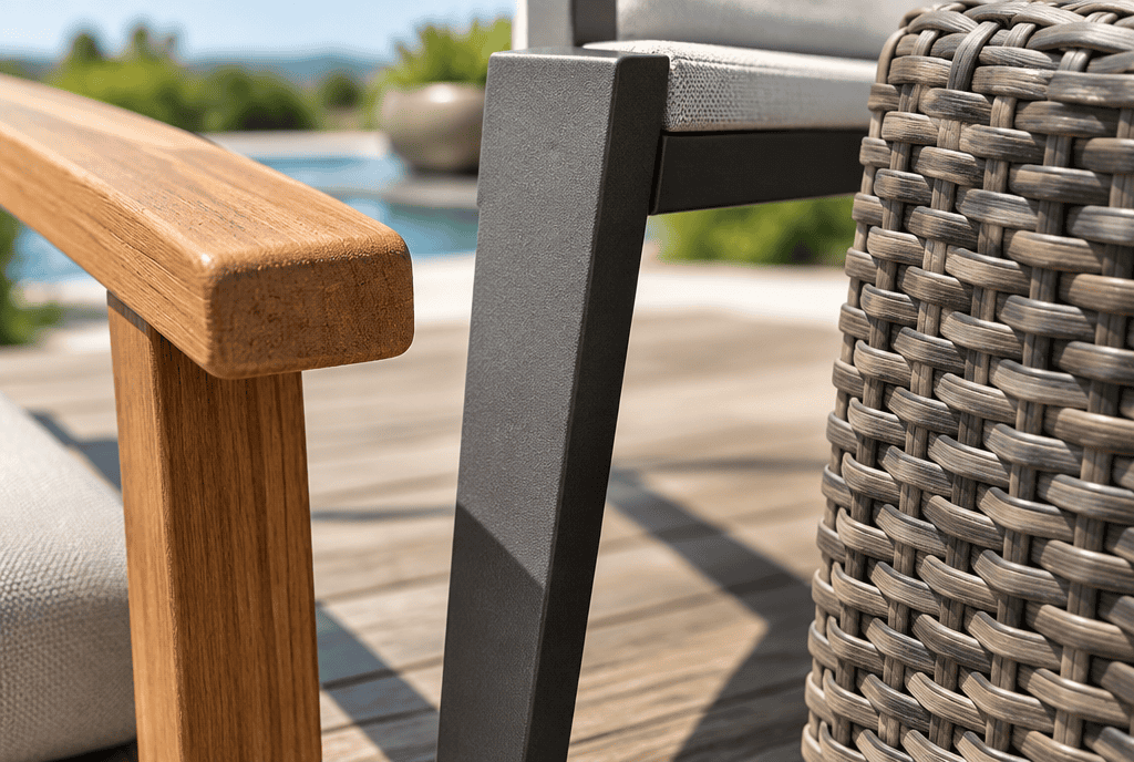 Close-up comparison of teak wood, aluminum, and resin wicker outdoor furniture materials