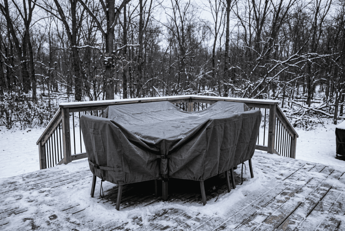 Patio dining set under a fitted breathable furniture cover on a deck with light snow