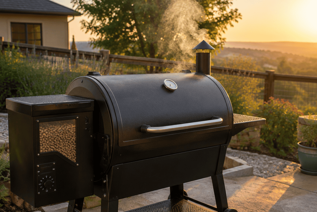 Pellet smoker grill with smoke rising in a backyard setting