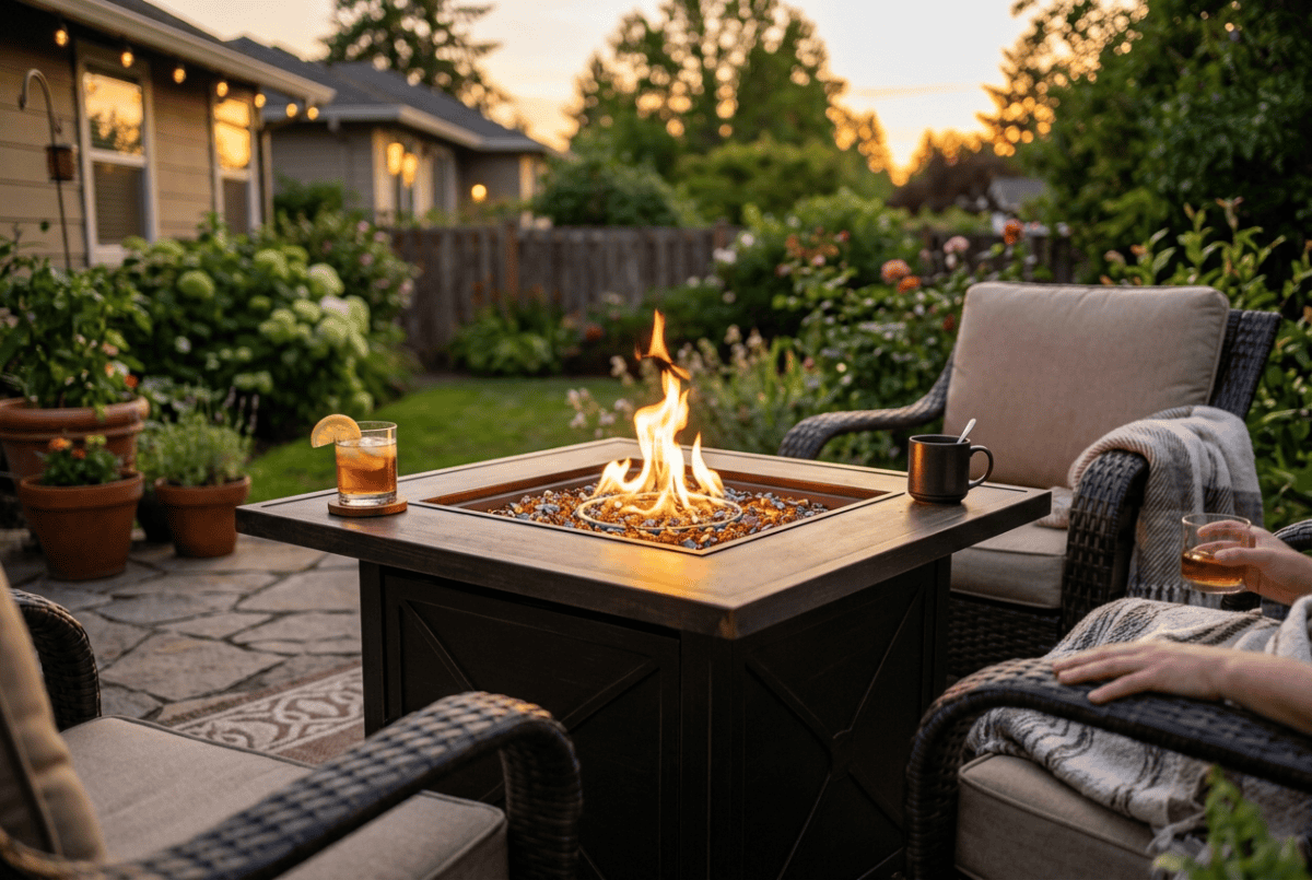 Propane fire pit table with a lit flame on a patio, drinks resting on the tabletop rim