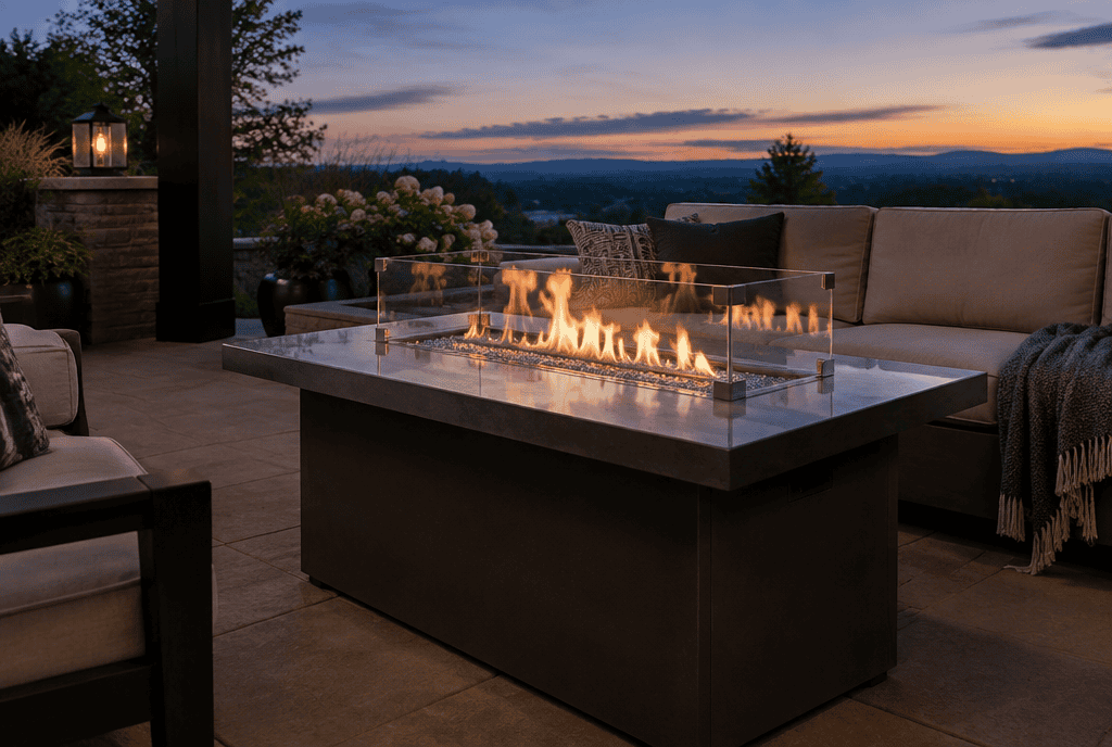 Modern propane gas fire pit table with glass flame on a patio at twilight