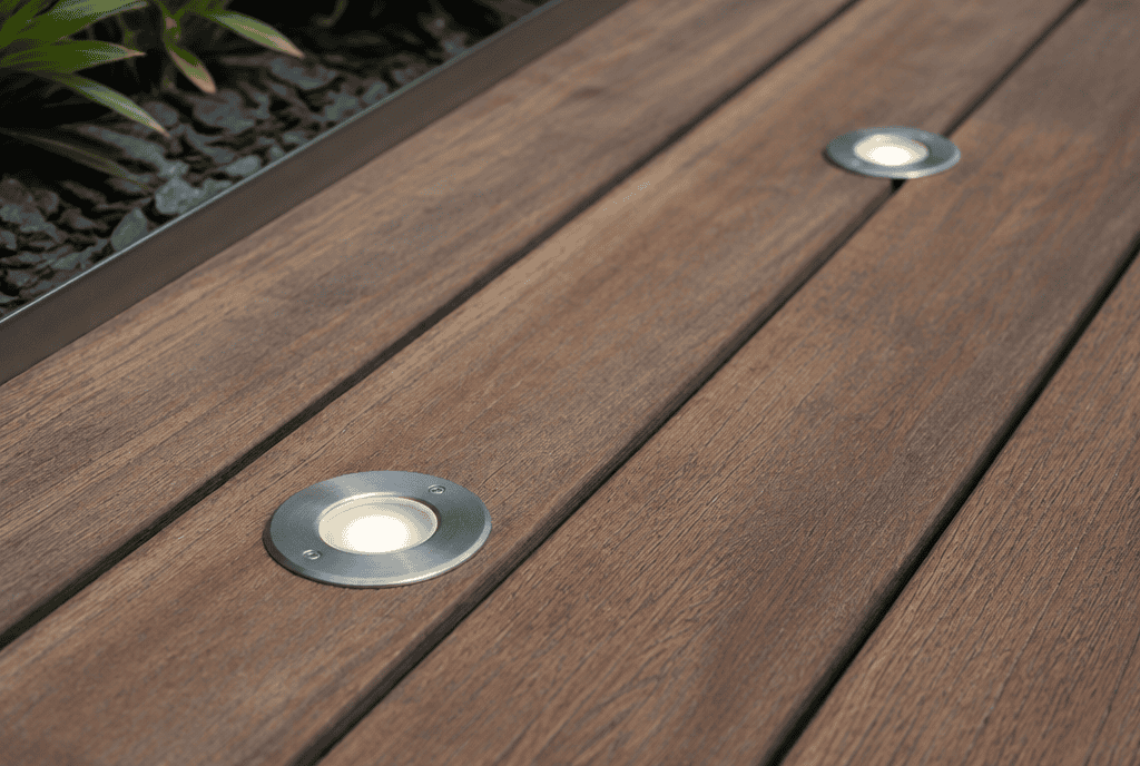 Flush-mounted recessed LED deck lights embedded in wooden decking boards