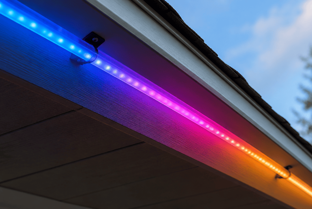 Close-up of individually addressable RGBIC LED light showing a color gradient