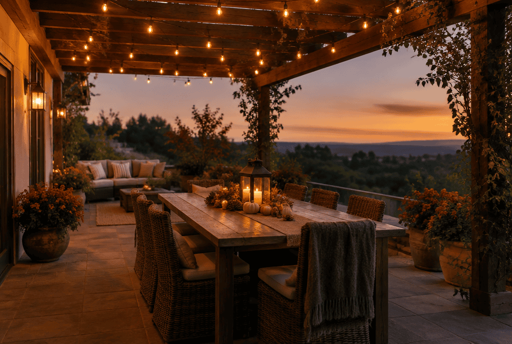 Warm string lights strung across a pergola over a patio dining table