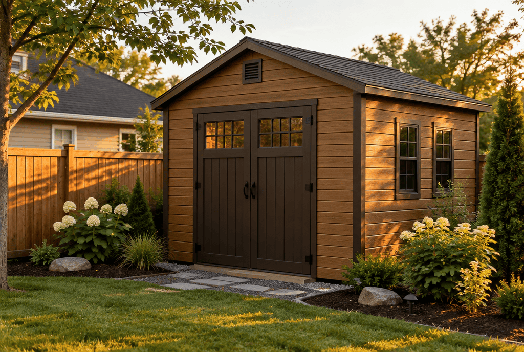 Small backyard storage shed with wood-look resin siding