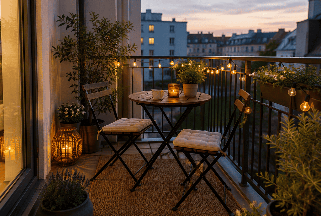 Small apartment balcony with compact foldable bistro table and chairs