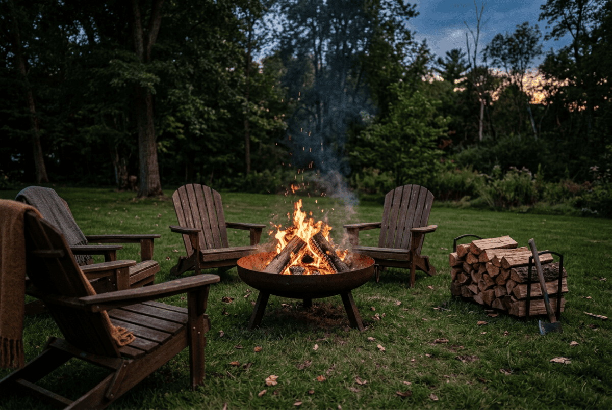 Standalone wood-burning fire pit in an open backyard surrounded by Adirondack chairs at dusk