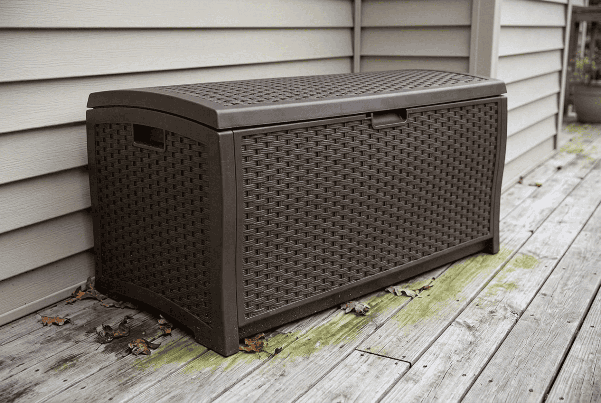Suncast resin deck box sitting flat on damp deck boards in a shady corner against the house — the setup that traps moisture underneath