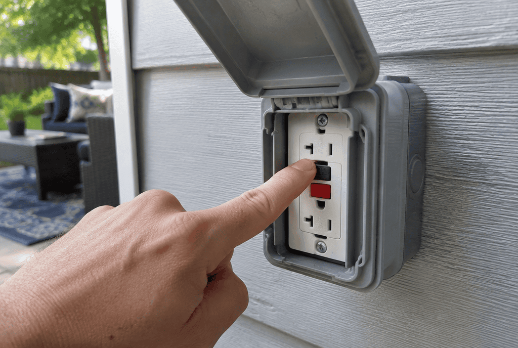 Hand pressing the test button on an outdoor GFCI outlet