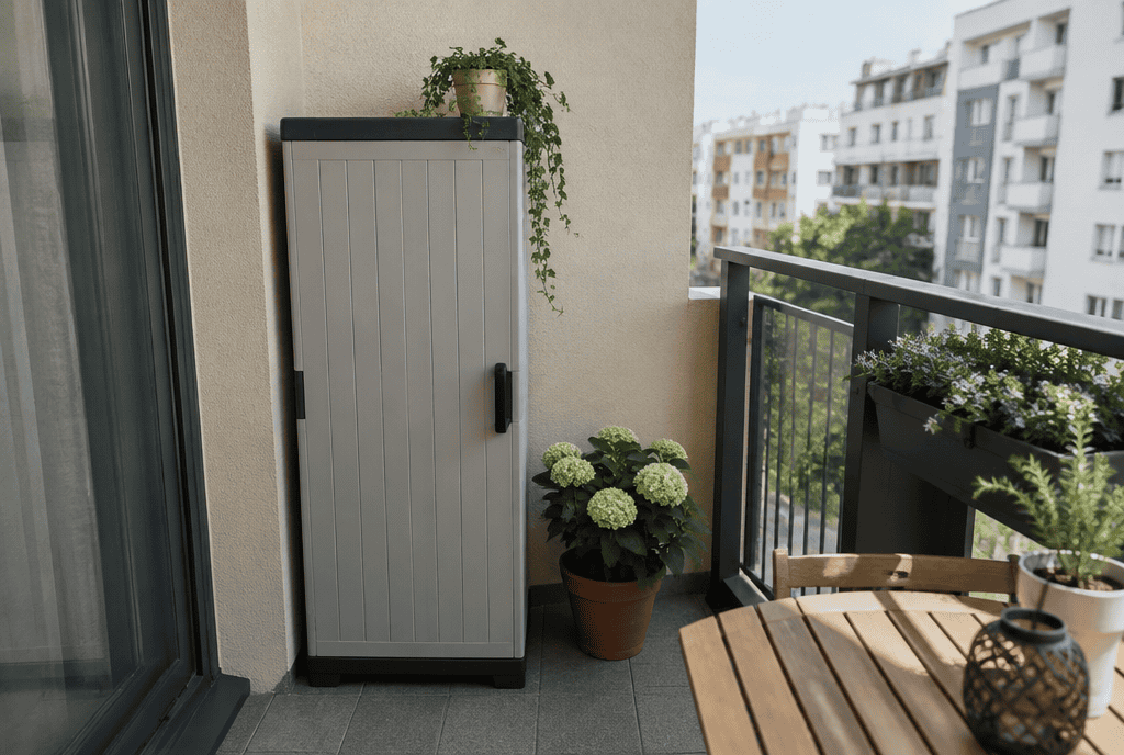 Compact vertical outdoor storage cabinet on a small apartment balcony