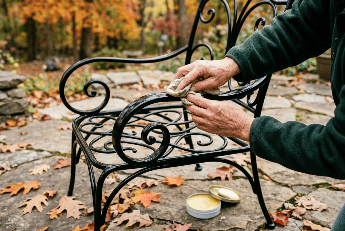 Rubbing paste wax onto a clean, rust-free wrought-iron patio chair frame before winter storage