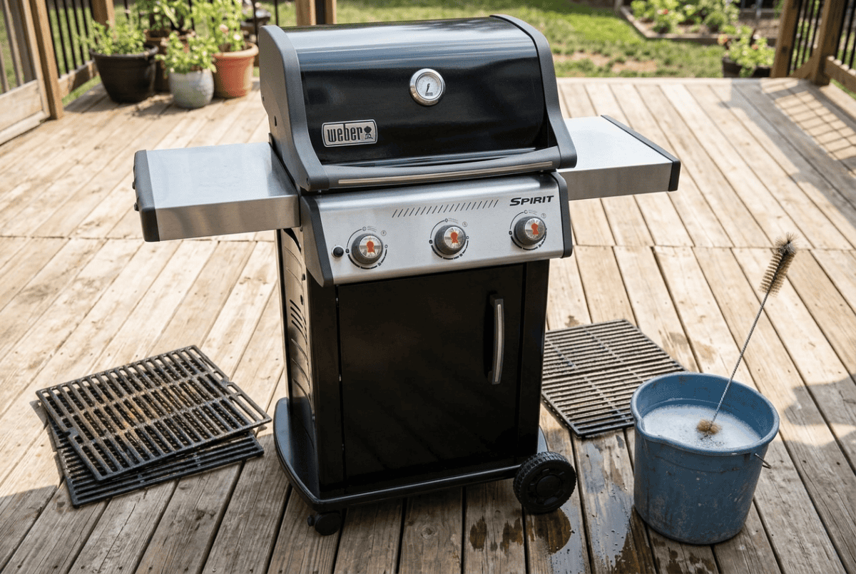 Weber Spirit E-310 on spring cleaning day with the cooking grates pulled out and a bucket of soapy water with a burner tube brush beside it