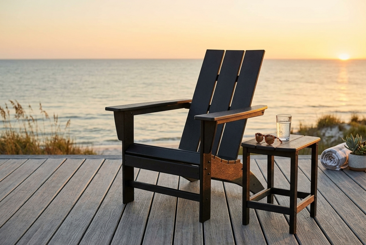 POLYWOOD Adirondack chair on a coastal deck at golden hour