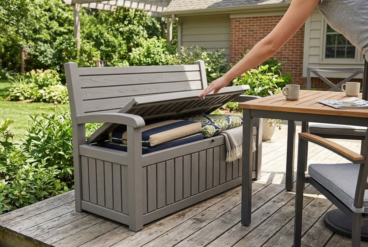 Outdoor storage bench with the lid open showing cushions on a backyard deck