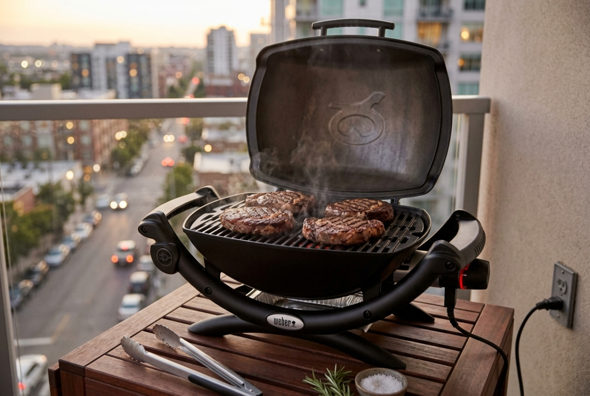 Weber Q 1400 electric grill with sear-marked steaks on a balcony at dusk