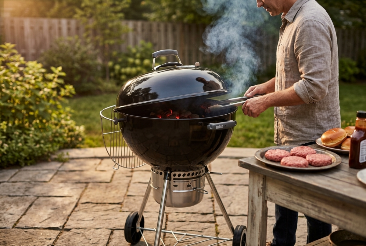 Weber Original Kettle 22-inch charcoal grill on a patio at golden hour