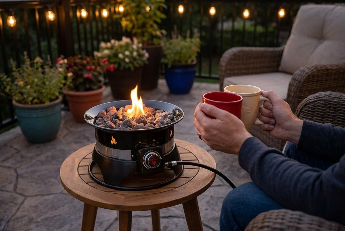 Compact propane fire pit on a side table with mugs at dusk