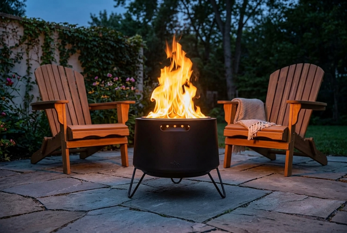 Portable smokeless wood-burning fire pit on a stone patio at dusk